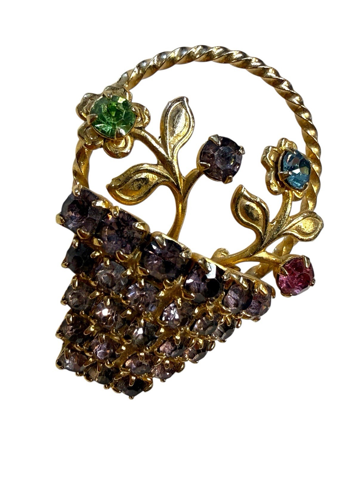 Vintage 60s Flower Basket Rhinestones Gold Tone Colorful Brooch Pin
