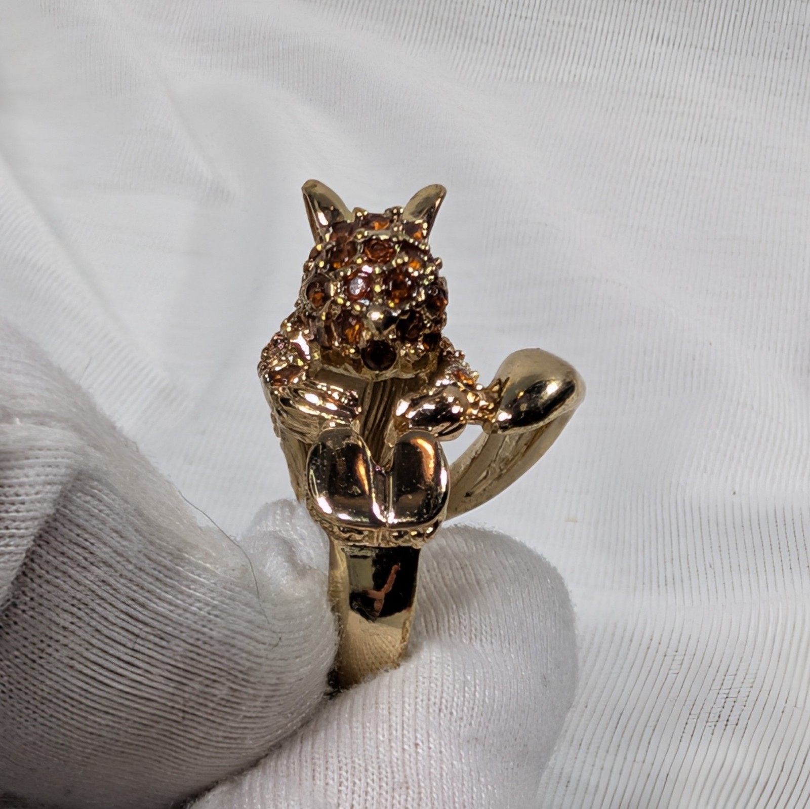 Vintage Pavé Set Amber Rhinestone “Squirrel” Ring Animal Size 8.5 Gold Tone