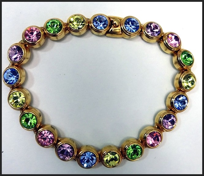 Vintage Gold Plated Bezel Set Crystals Multi Color Crystal 7 1/8″ Bracelet