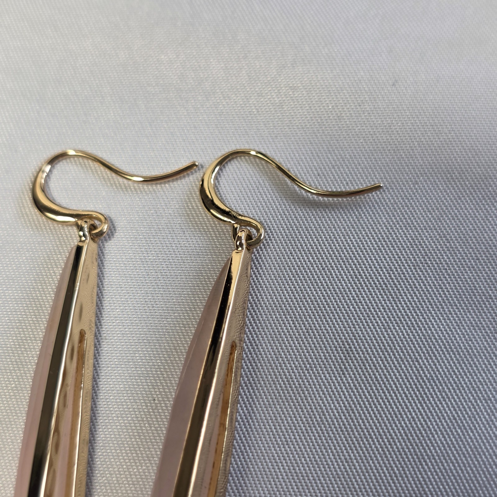 Linear Drop Wire Earrings Elongated Rose Quartz Teardrops in Gold-Tone Metal