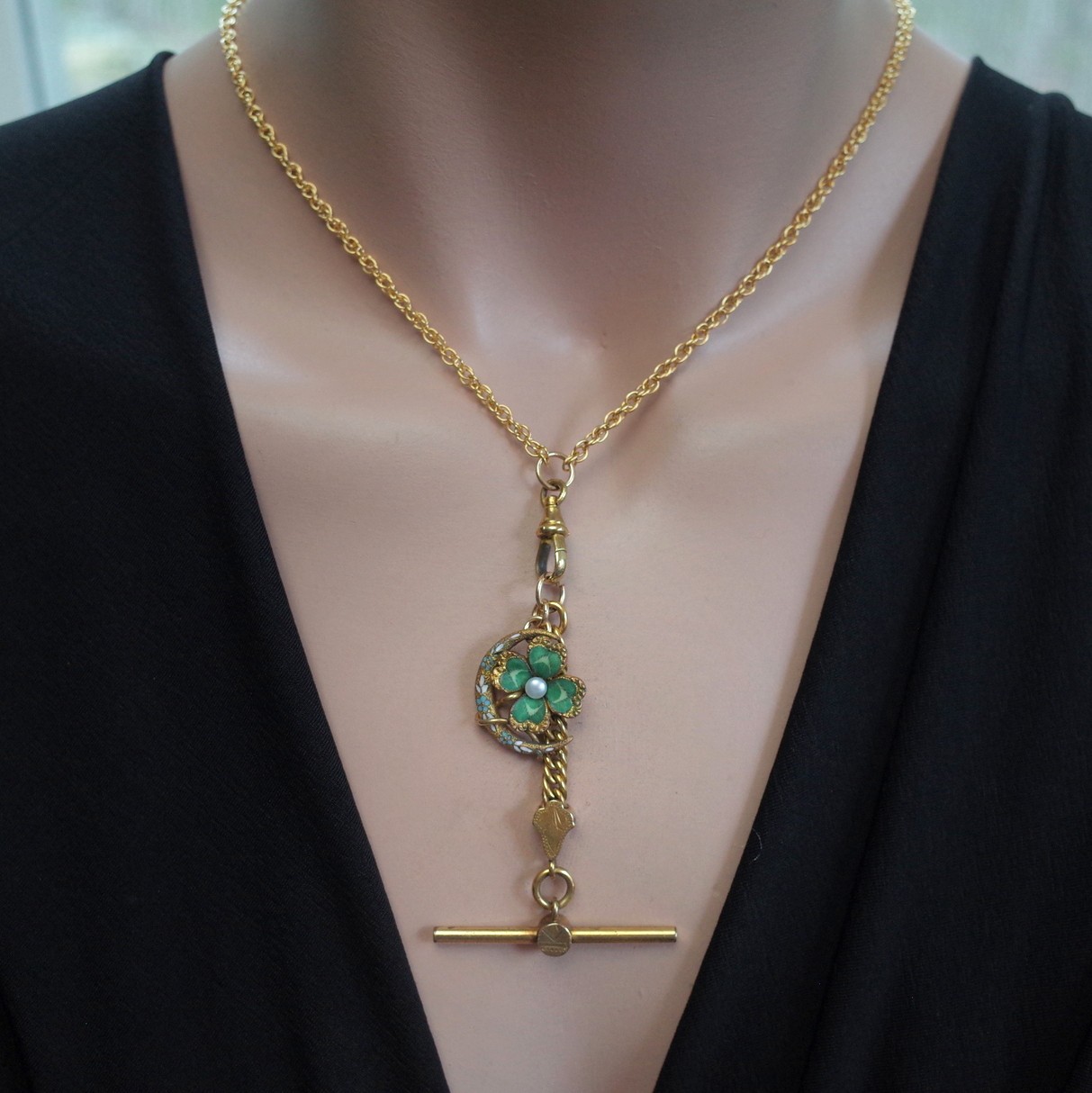 Antique Rolled Gold Enamel Four Leaf Clover & Crescent Pendant Necklace Pearl