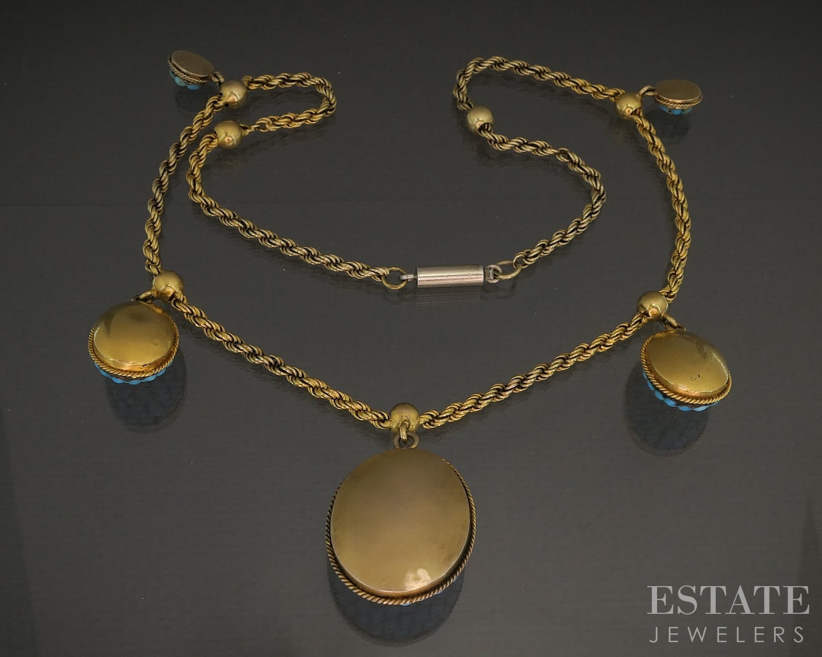 Antique Victorian 20k Yellow Gold Turquoise & Diamond Necklace 30g 17″L p23058