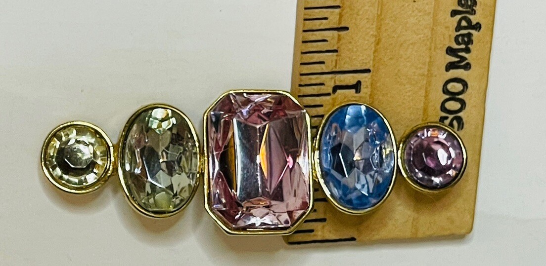 VTG TAT BAR BROOCH ART GLASS HANDMADE SIGNED FACETED STONES GOLD TONE BRILLIANT
