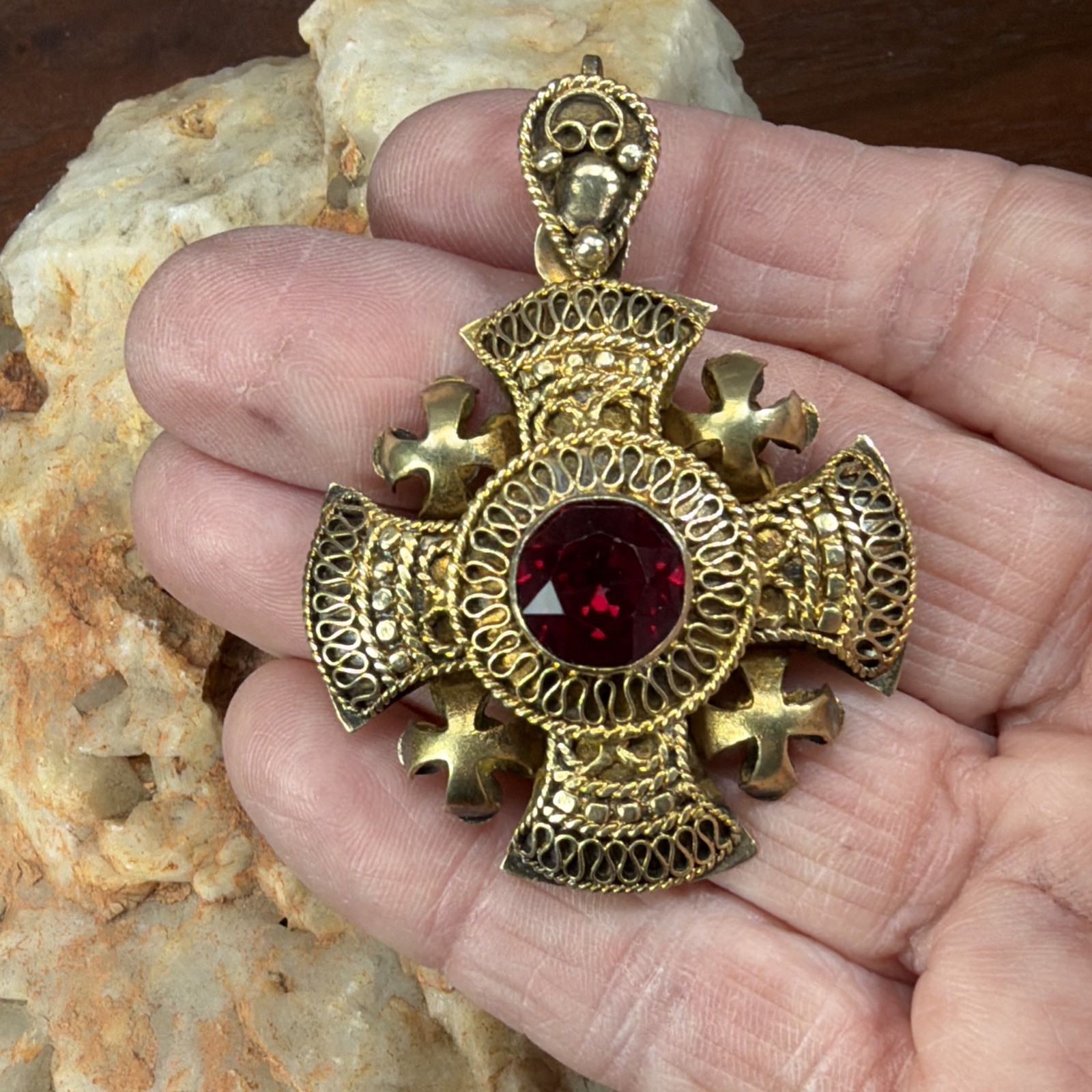 Vintage 1000 Silver Jerusalem Cross Pendant red Stone 14.4 grams 1 5/8″