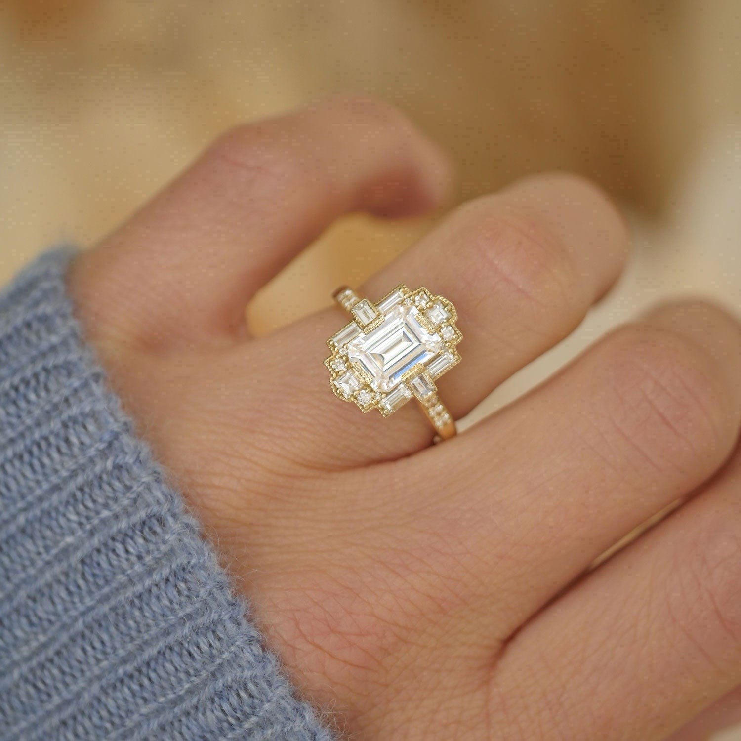 Deco Forever One DEF 1.50 Ct Emerald Cut Moissanite Wedding Mosaic Ring