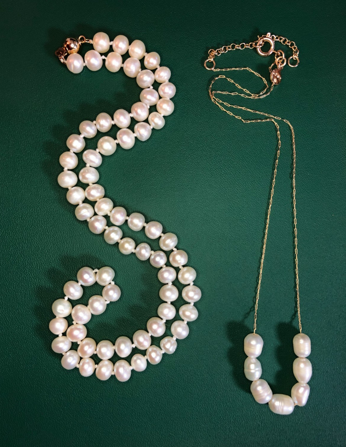 Genuine Cultured Pearl Strand Necklace + Bead Chain Necklace Gold Tone P26