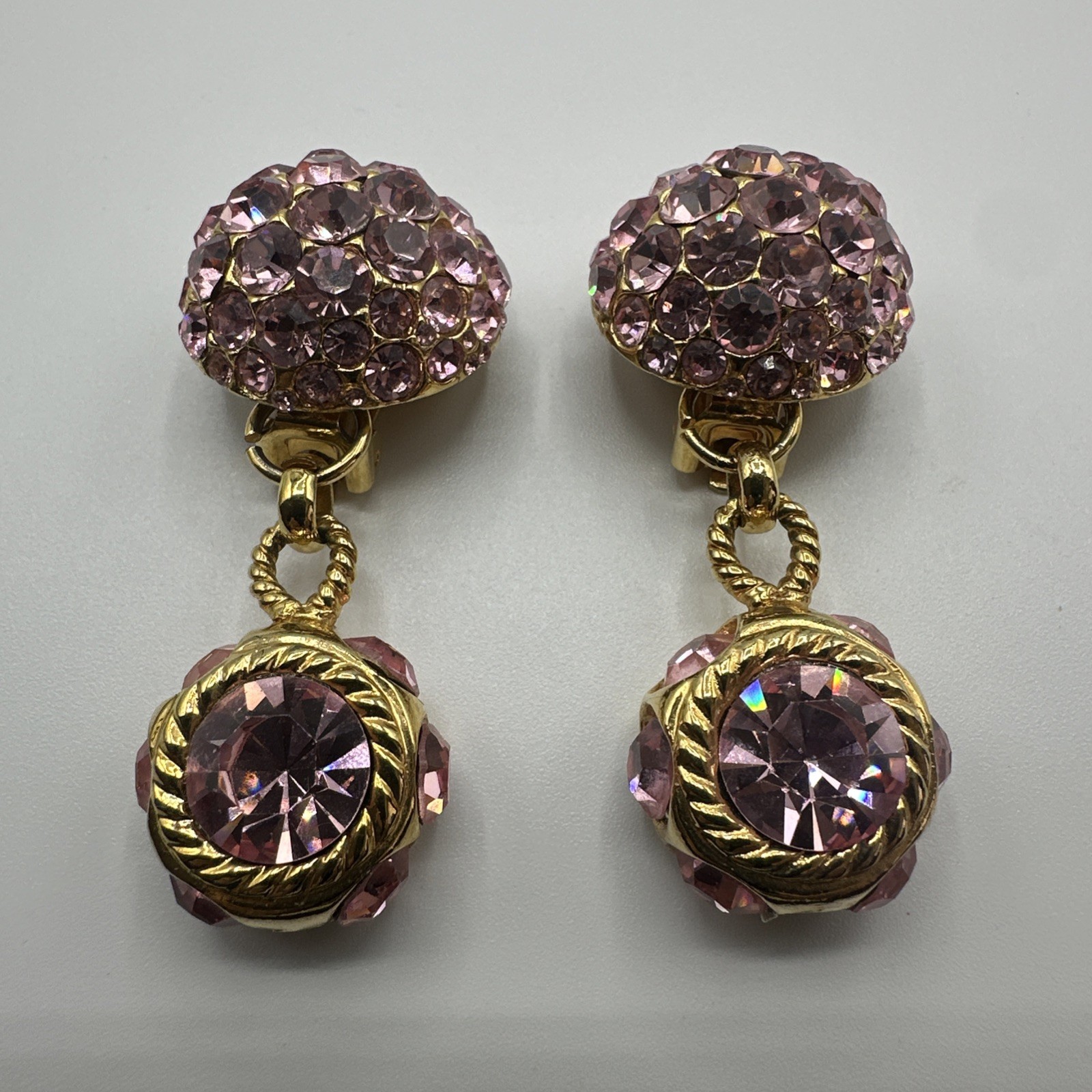 Vintage Sparkling BLANCA Clip on Pink Rhinstones Dangle Earrings. See pics.