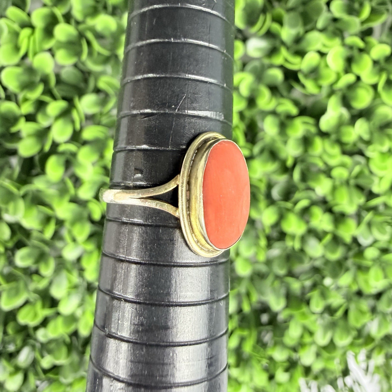 Vintage Antique? Natural Coral Cabochon 800 Silver Gold Tone Ring Size 6.75-7ish