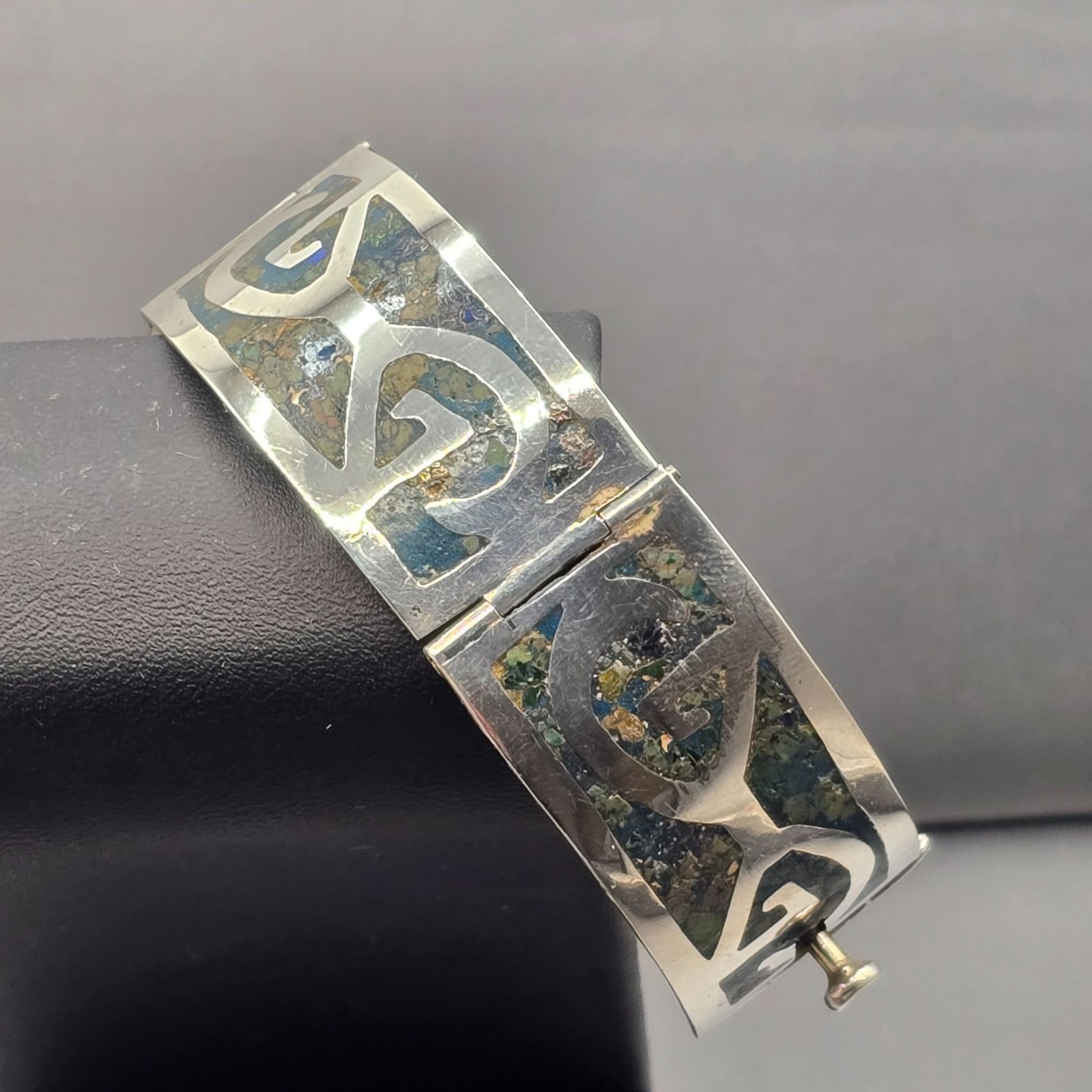 Vintage Taxco Sterling Silver Turquoise Inlay Bracelet 7″ Eagle 3 Signed AMD 30g