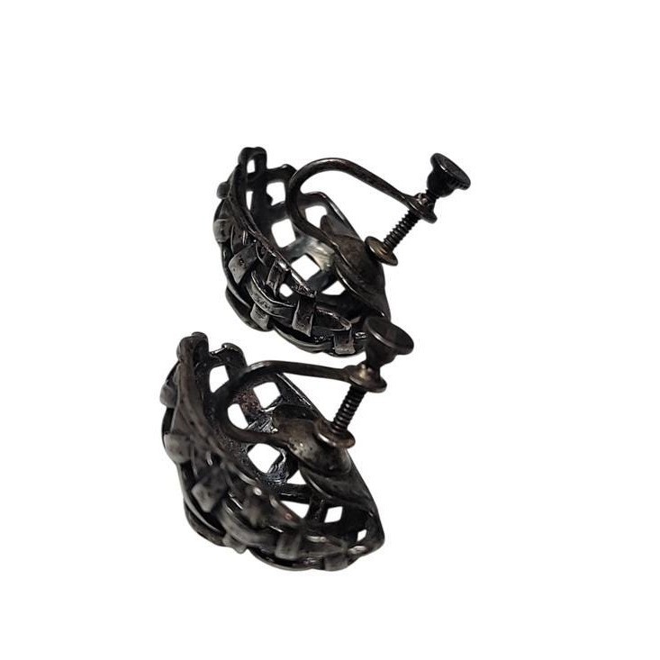 Vintage Sterling Silver Turquoise Screw Back Earrings Basket Weave Lattice 3/4