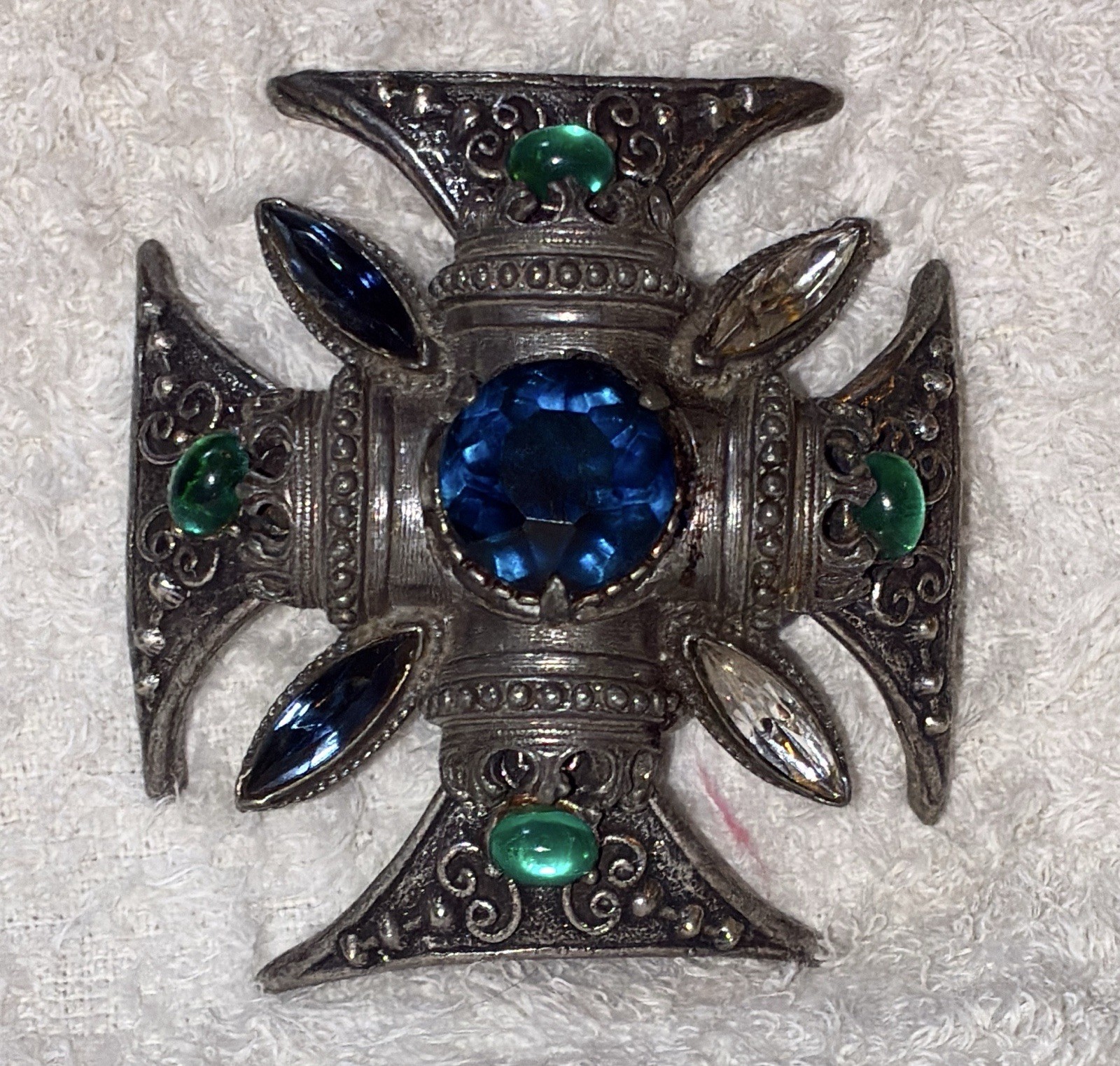Vintage FLORENZA pendant brooch MALTESE CROSS IRON unknown gemstone medieval