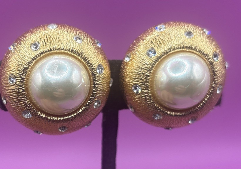 Vintage Christian Dior Crystal Encrusted Faux Pearl Clip On Earrings Gold Tone