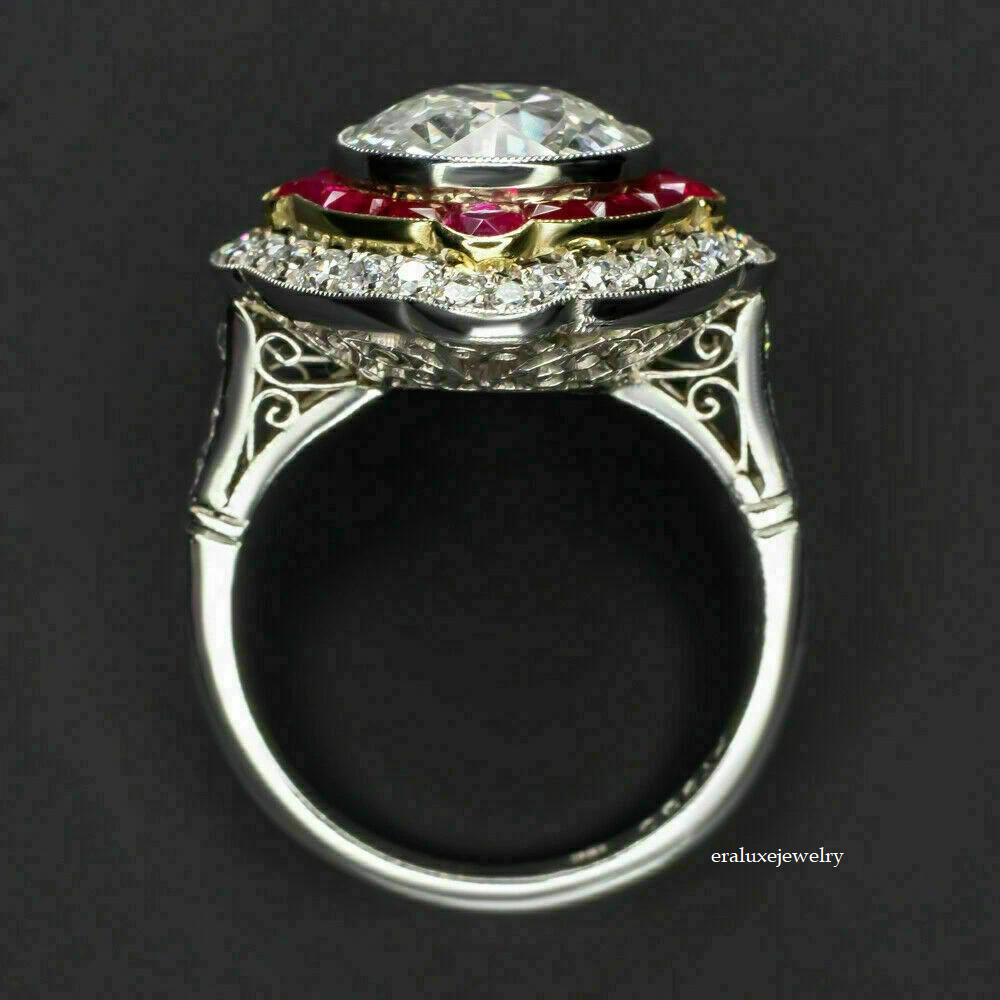 Art Deco Lab-Created Diamond & Ruby Halo Engagement 14K Two Tone Gold Over Ring
