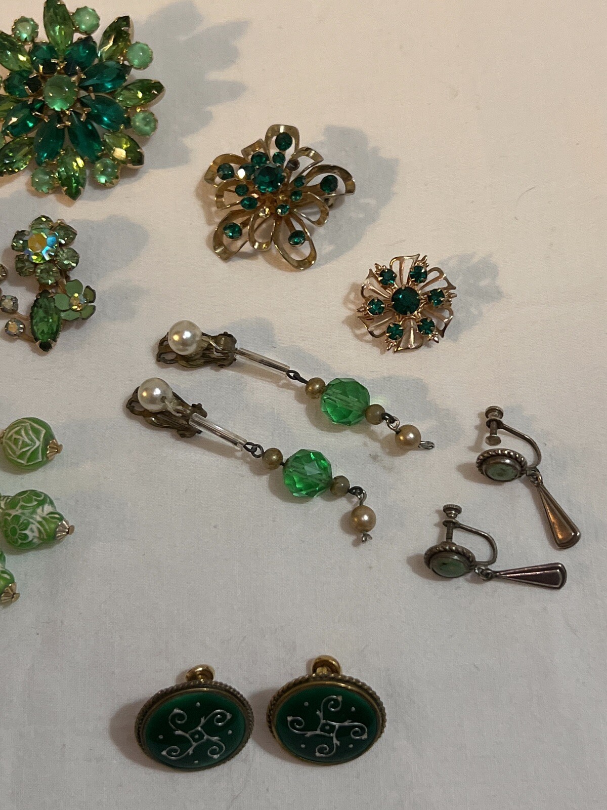 Vintage Green Costume Jewelry Lot Earrings, Pins, 12K GF Japan Hong Kong