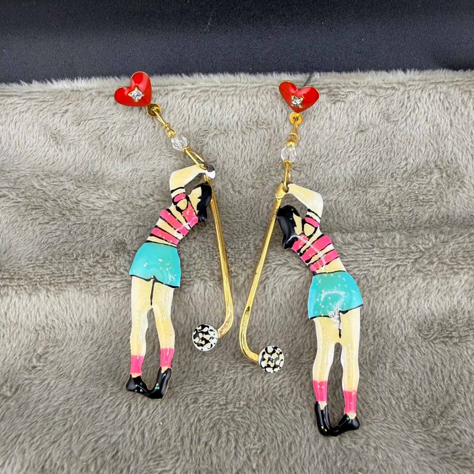 Vintage Lunch at The Ritz Woman Golfer Earrings Pierced Enamel