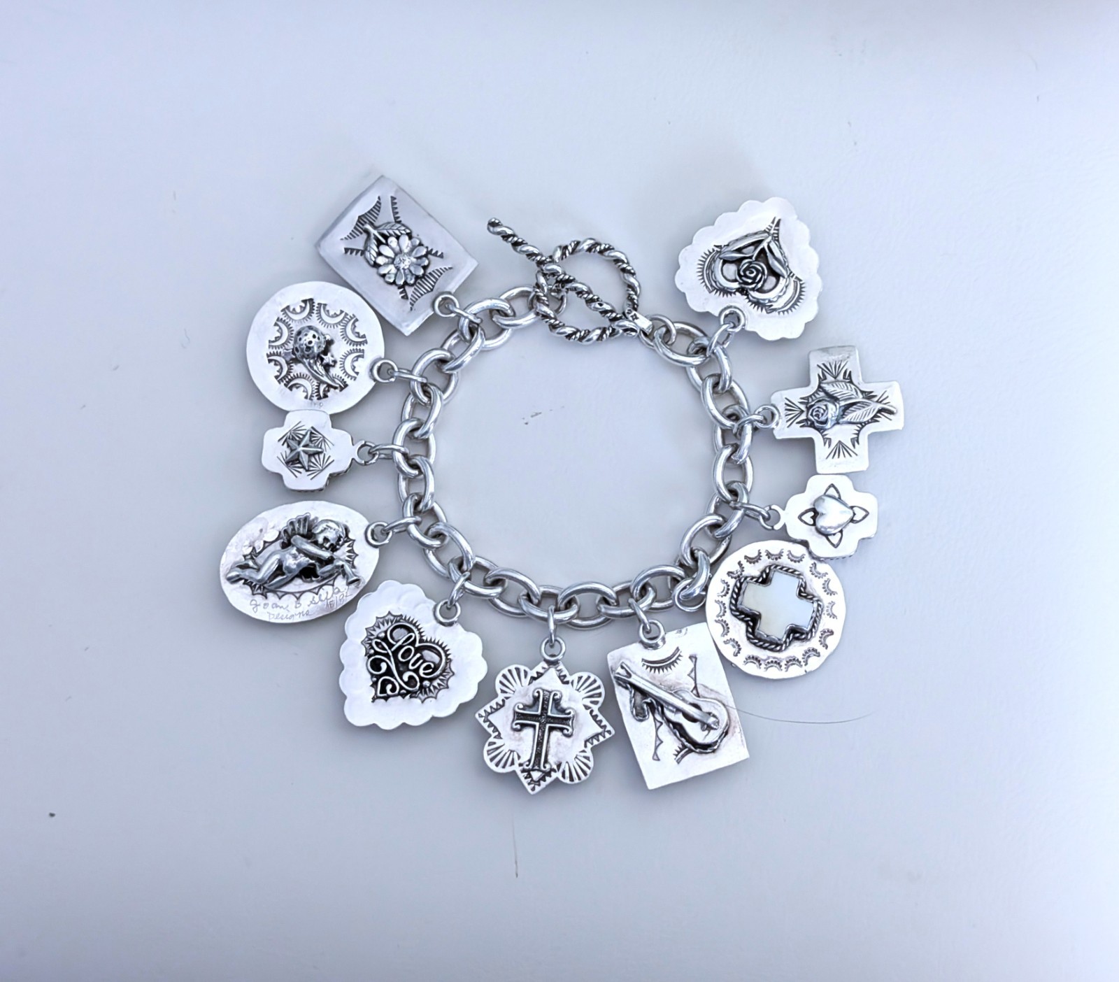 Joan Slifka Sterling 925 Heart Angel Cross Love Luck Charm Two Sided Bracelet