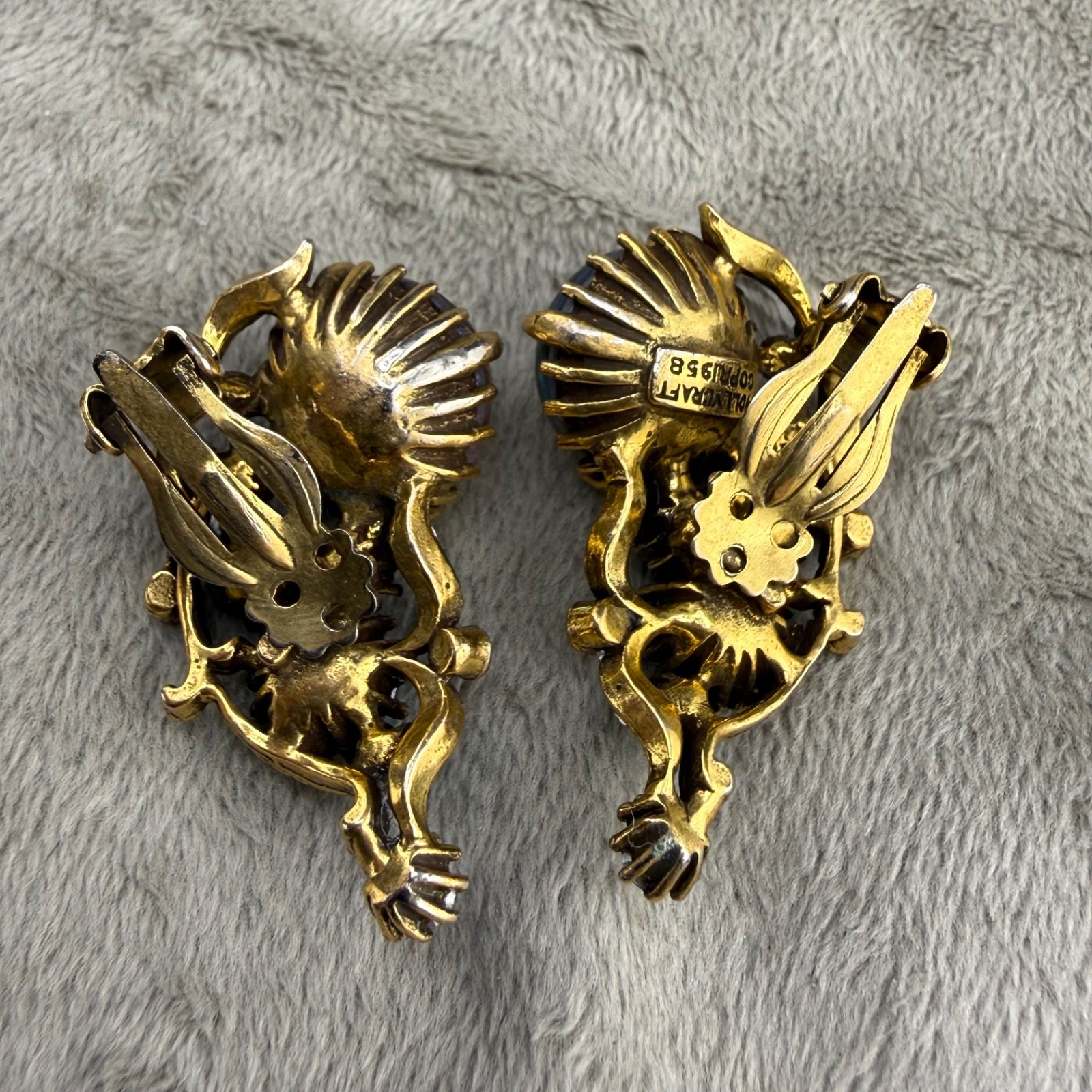 Vintage Hollycraft Rhinestone Clip On Earrings Dragon Gold Tone Pink