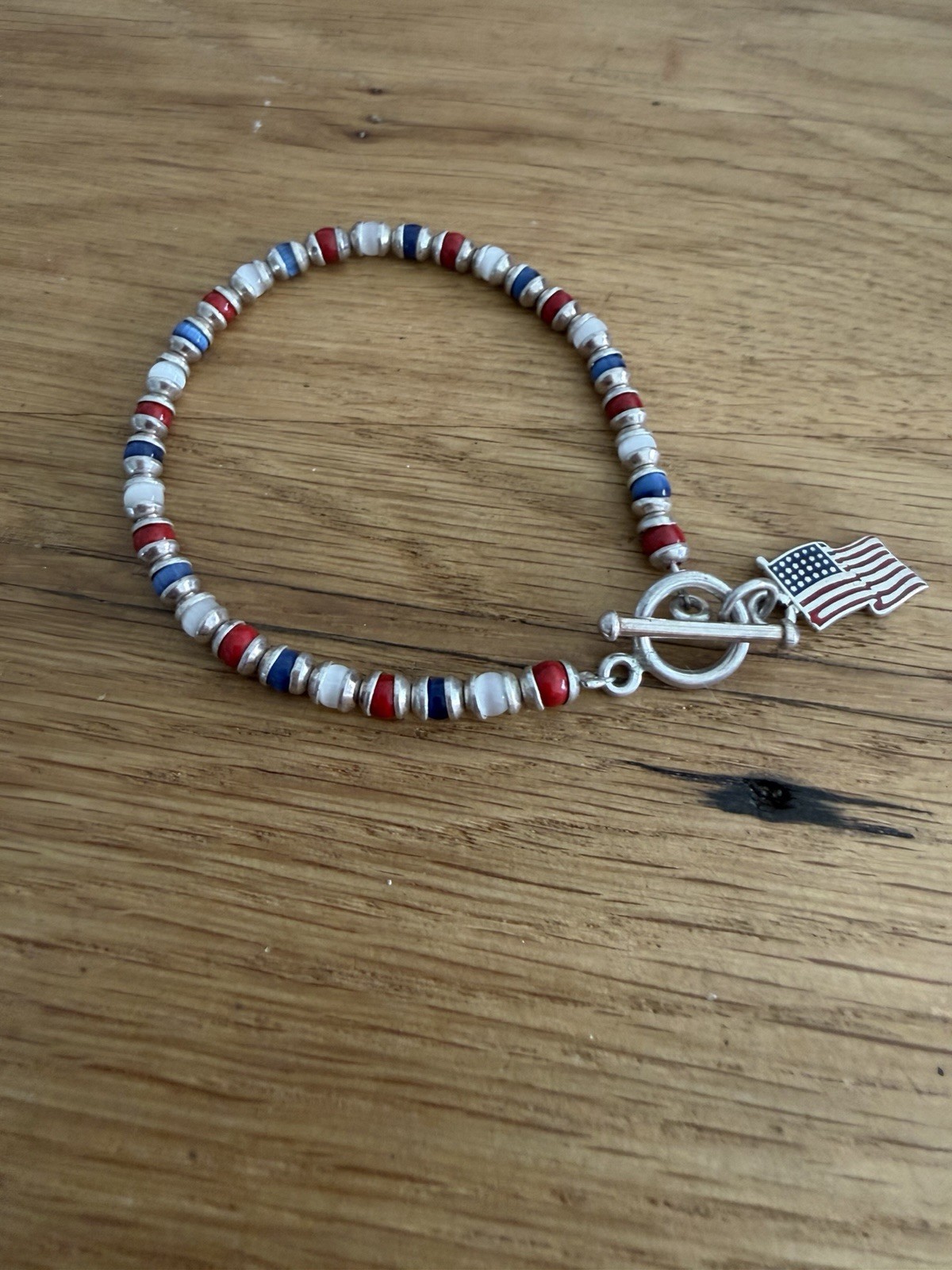 Vintage Sterling Silver 925 Patriotic Bead Flag Charm Bracelet 7.25”