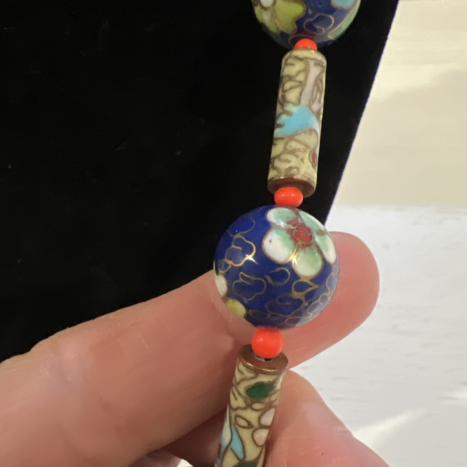 Vintage Cloisonne Chinese Cobalt Blue Floral Flower 25″ Beads Tubes Necklace