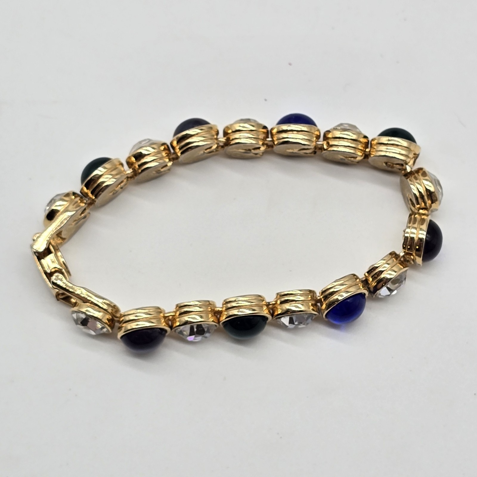 Vintage Les Bernard Bracelet Clear Rhinestones And Blue Green Purple Cabochons