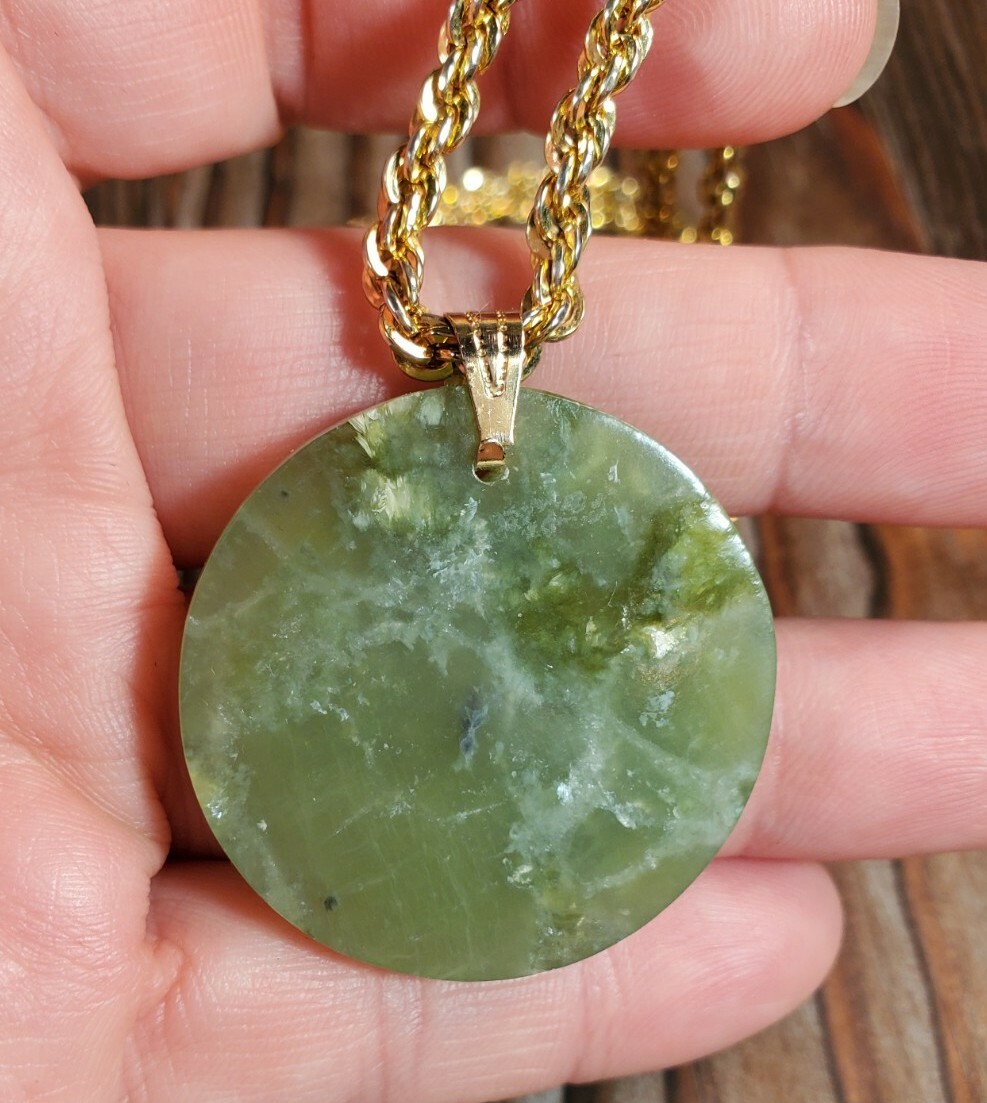 Jade / Serpentine* Necklace Round Chinese Asian Symbol Etched Gold Tone 24″