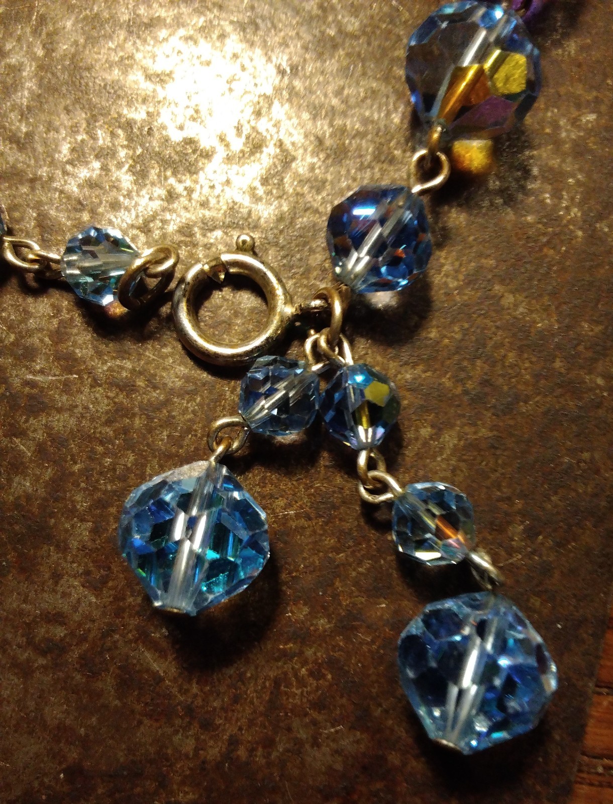 AURORA BOREALIS BLUE Heavy Link CRYSTAL BEAD 8″ BRACELET DANGLES Czech Glass VTG