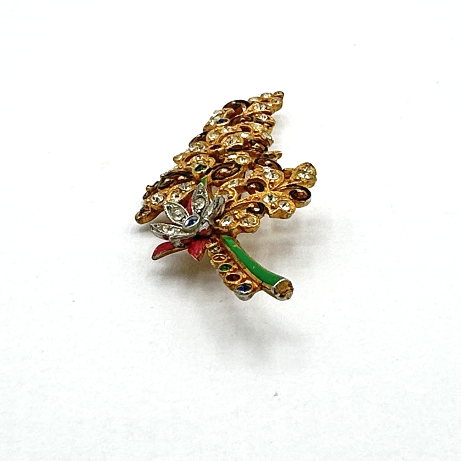 FLORAL SPRAY vintage brooch – 1940s pot metal enamel & rhinestone pin – colorful