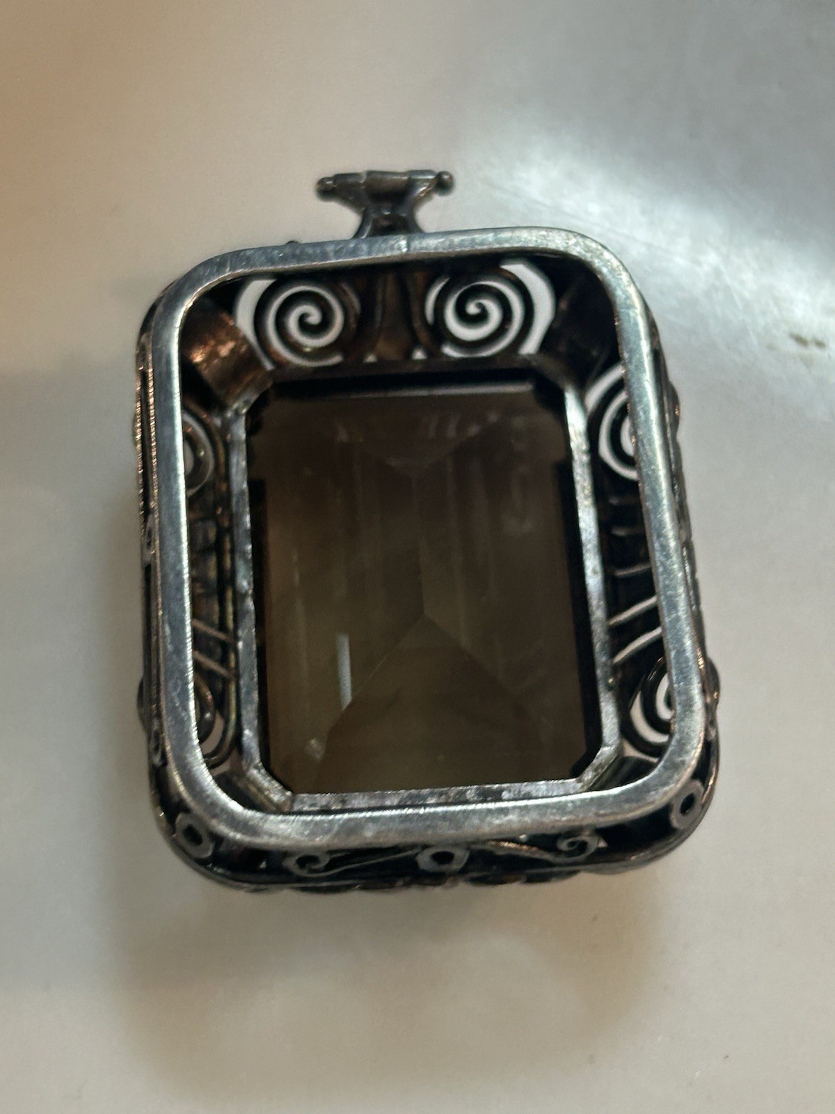 Smoky Quartz Emerald Cut Solid 835 European Sterling Silver Vintage Pendant