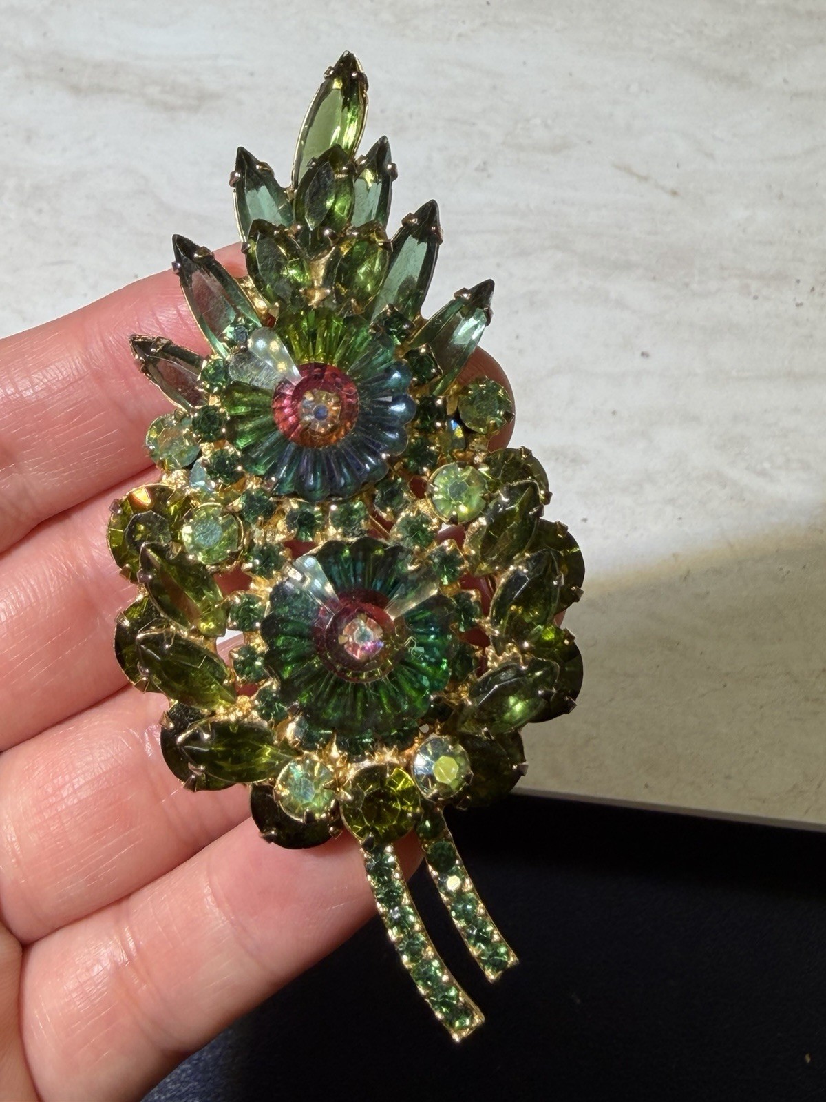 Vintage Juliana DeLizza Elster Green Rhinestone Floral Brooch Watermelon Rivoli