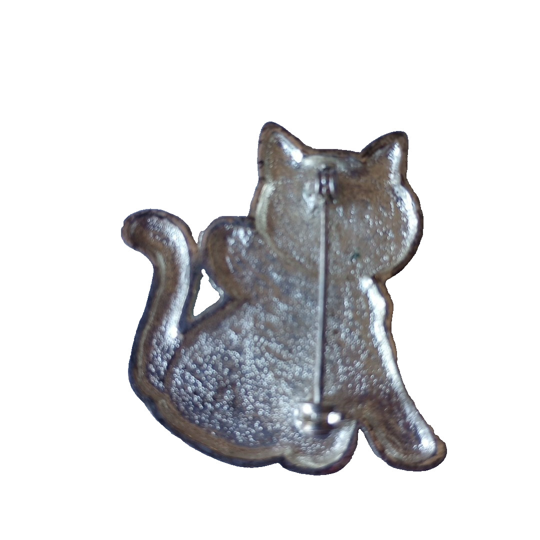 Vintage Cat with Red Heart Nose Brooch Pin Silver Tone Enamel 1.5″ Unsigned