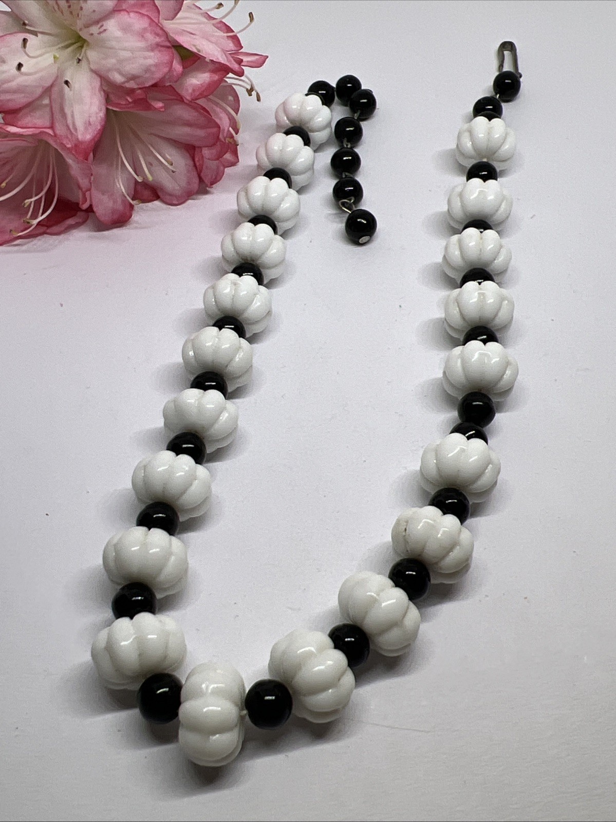 Signed GERMANY Mid-Century Milk Glass & Jet Black Bead Choker 16” Necklace