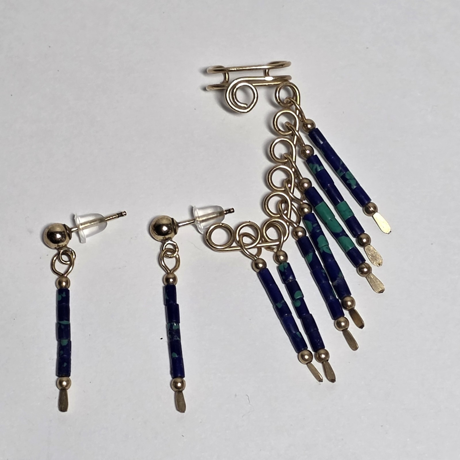 Vintage Azurite Heishi Bead Ear Cuff & Earring Set Southwestern Gold Filled 80s