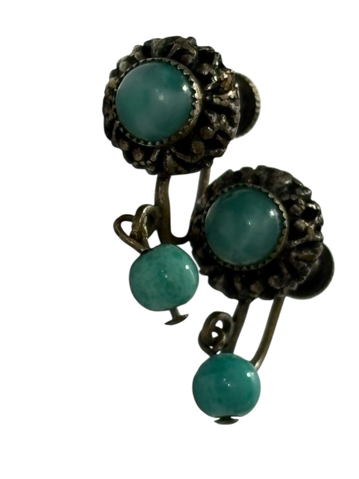 Vintage Marbled Teal Earrings Brass Tone Beaded Plastic Screw Back Dangle MCM