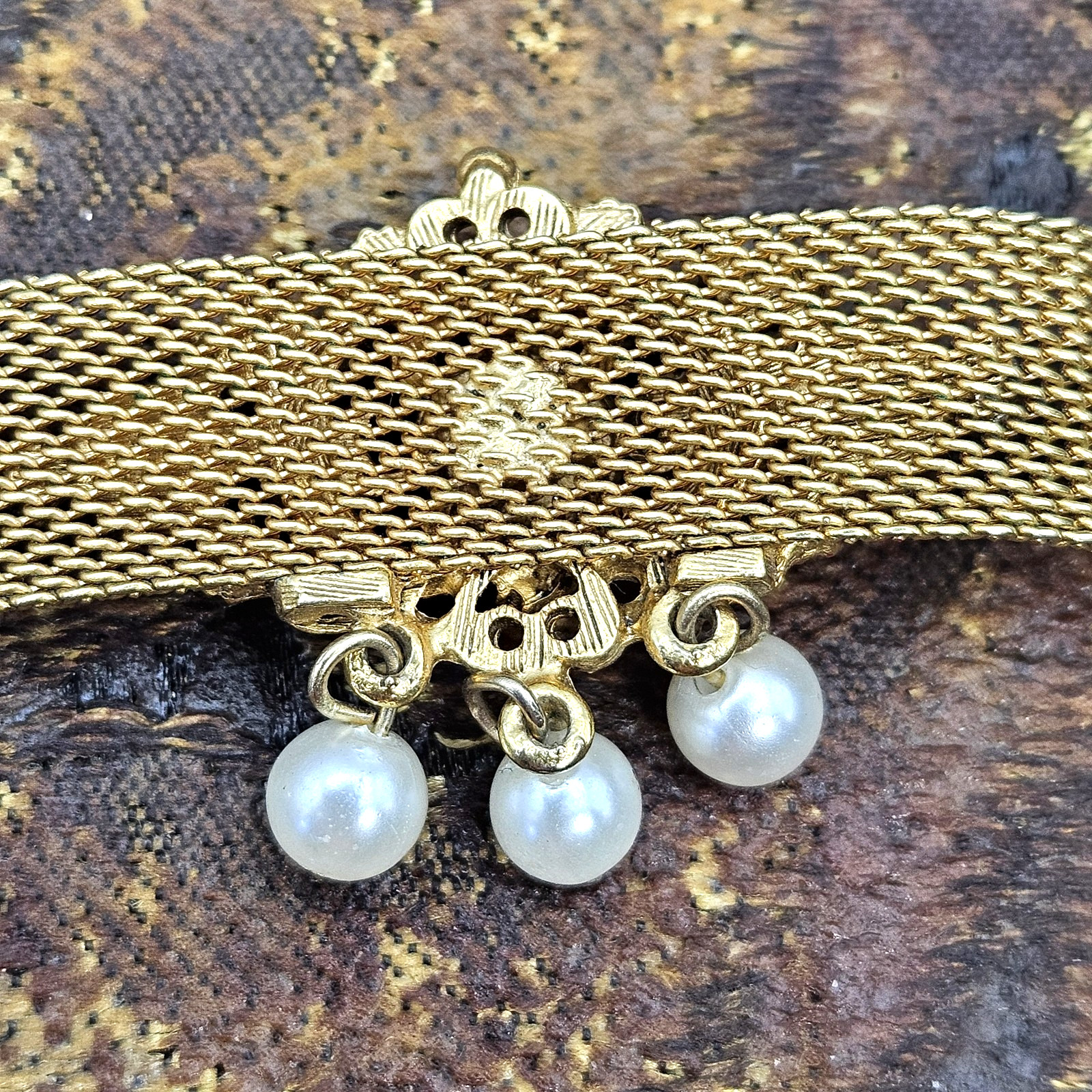 Victorian Revival Gold Tone Mesh Choker Faux Pearl Black Rhinestone Necklace