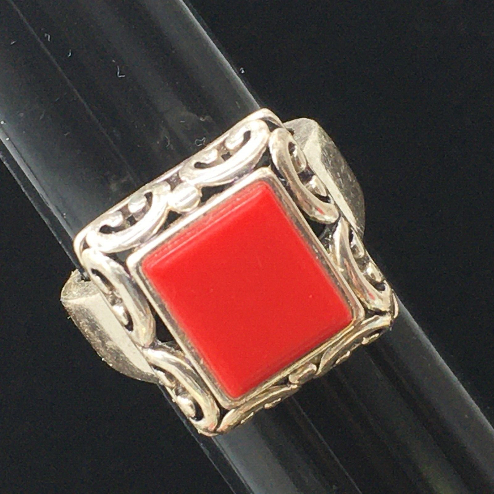 Red Stone Ring Sz 6.5 Silver Tone Scroll Accents Wide Band