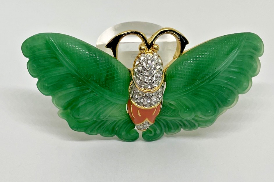 Vintage Signed Kenneth Jay Lane KJL Faux Carved Jade Butterfly Brooch Pin