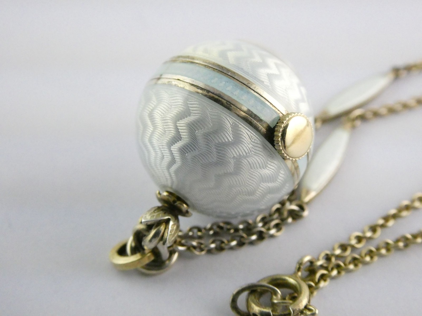 Gubelin Swiss White Guilloche Enamel Watch Necklace Sterling Silver WORKING 30g