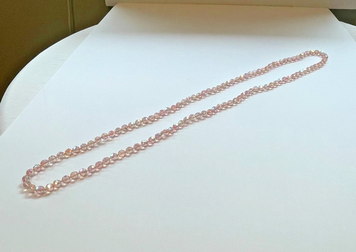 Vintage Pink AB Crystal Bead Rope Necklace | 39″ | Aurora Borealis | 1950s