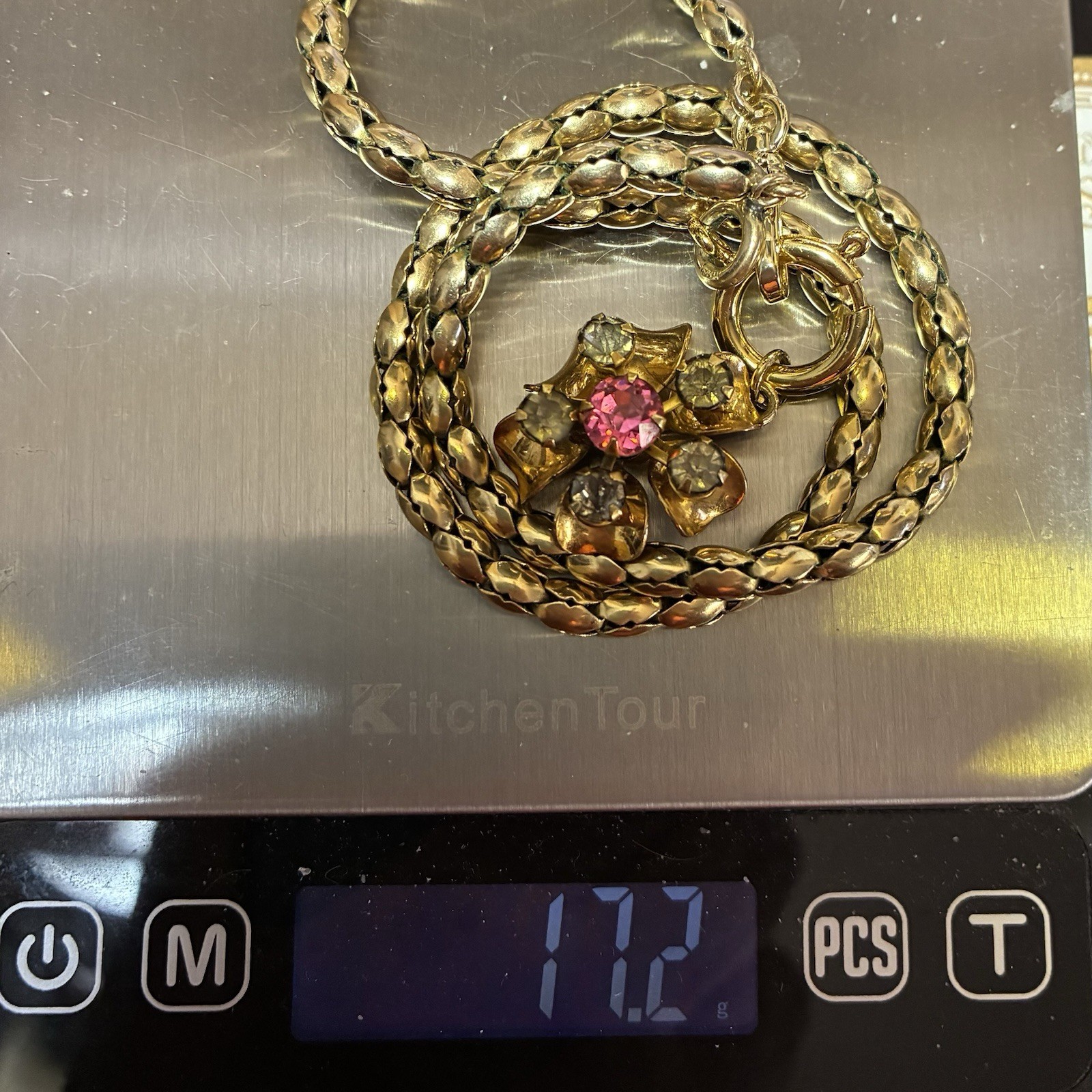 Vintage 12k Gold Filled Pocket Watch Sugar-Puff Link Chain FOB Dog Clip,Pink Gem