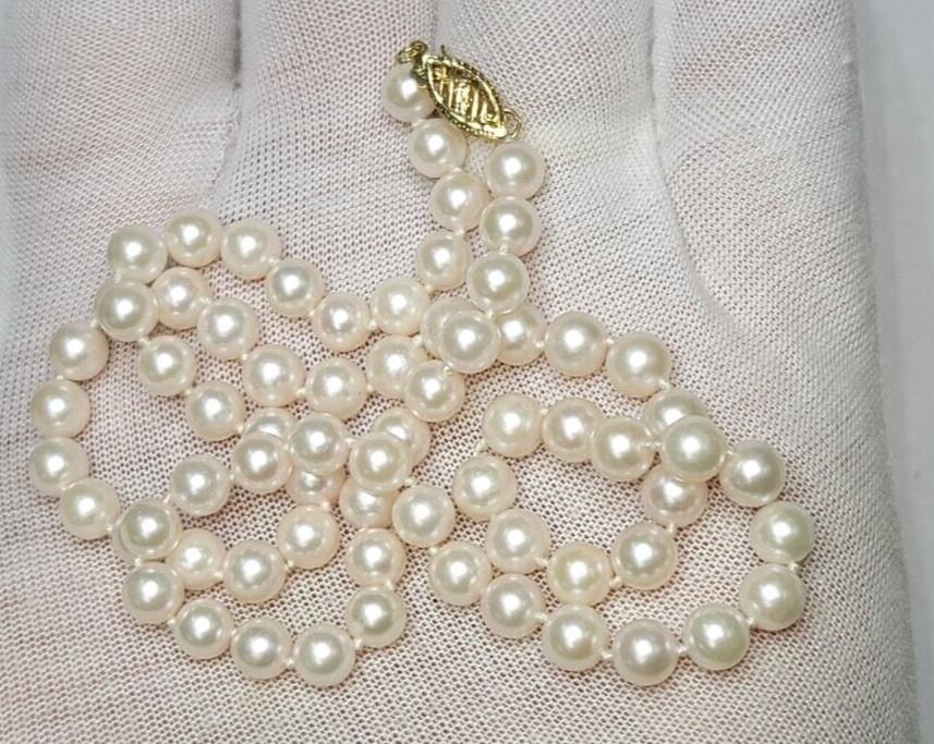 VINTAGE ELEGANT 14K & White Pearls Necklace “Firey Ideal Cut (FIC)” CLEAN & NICE