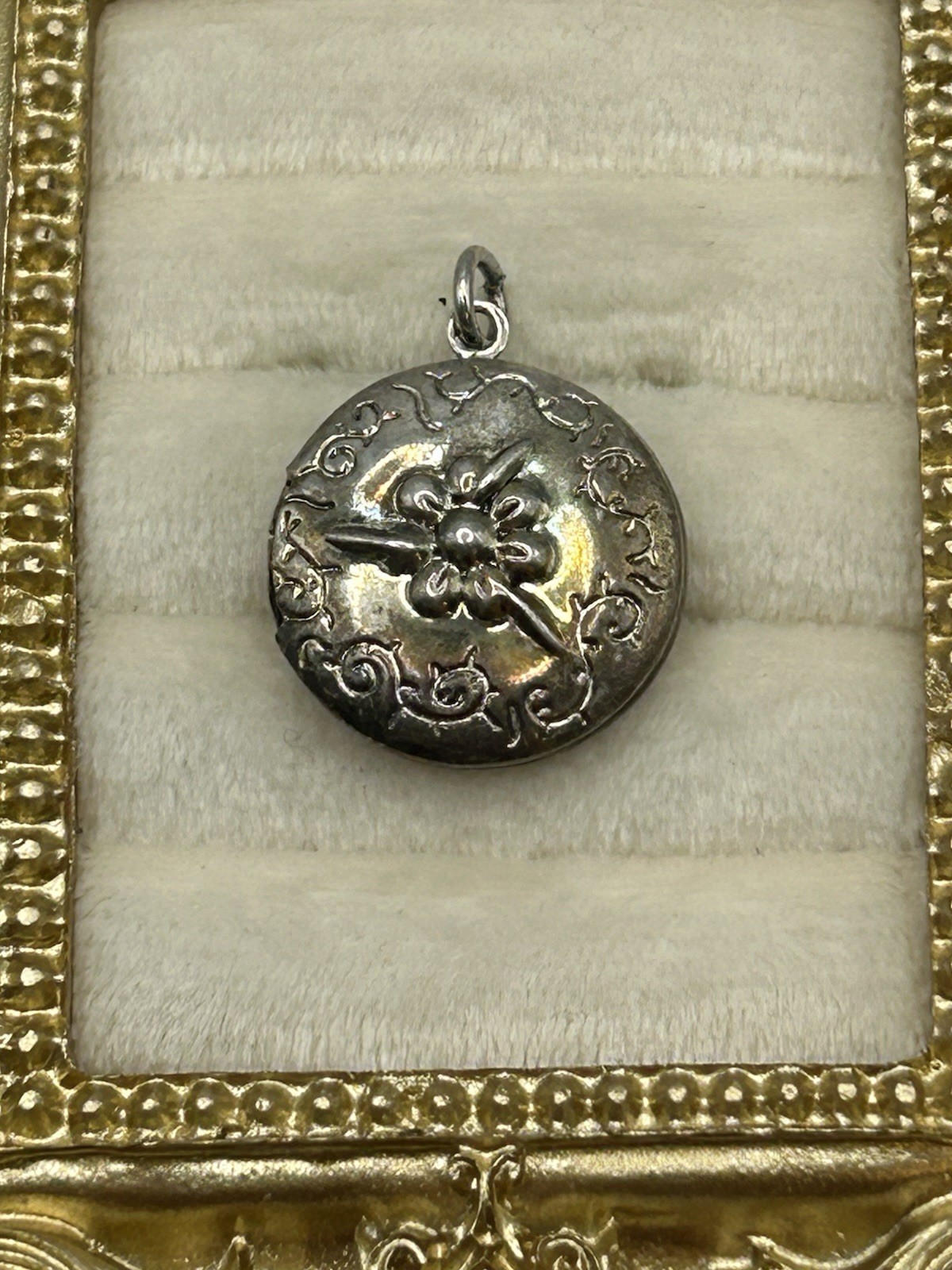 Vintage Round Locket Pendant Floral Etched Silver Tone Photo Charm Cottagecore