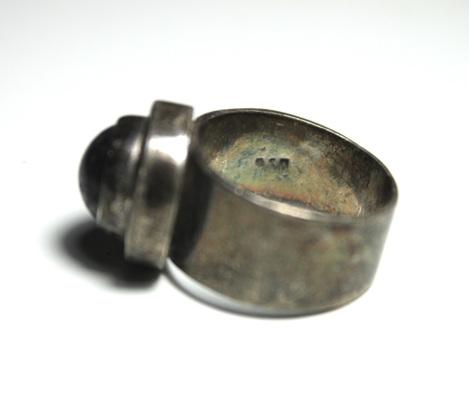 Vintage Peruvian 950 Silver Modernist Statement Ring Black Cabochon Size 7.25
