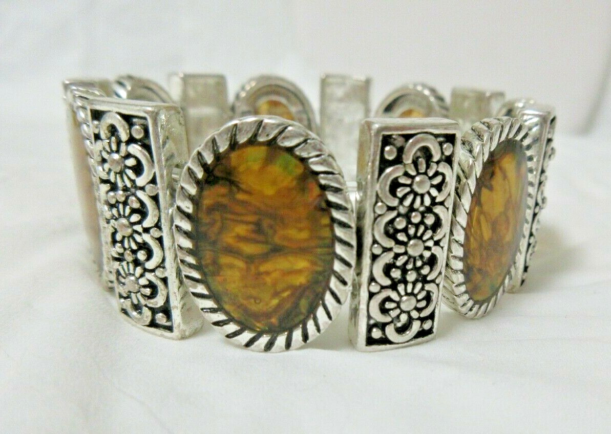 Vintage Ornate Silver Tone Rectangular & Oval Golden & Brown Inserts Bracelet 7″