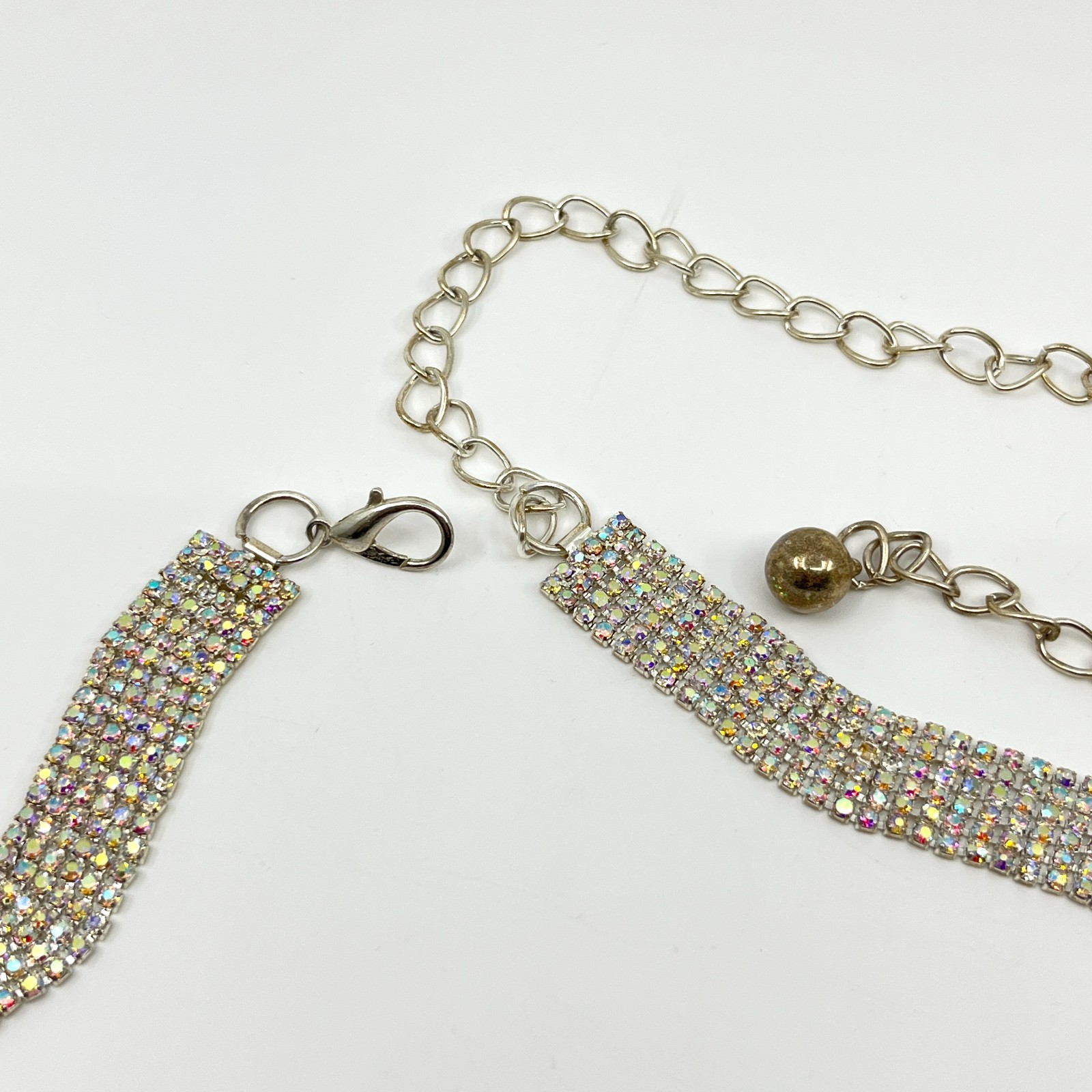 VTG Y2K Silver Multi-Row Aurora Borealis Rhinestone Chain Belt Choker Lobster