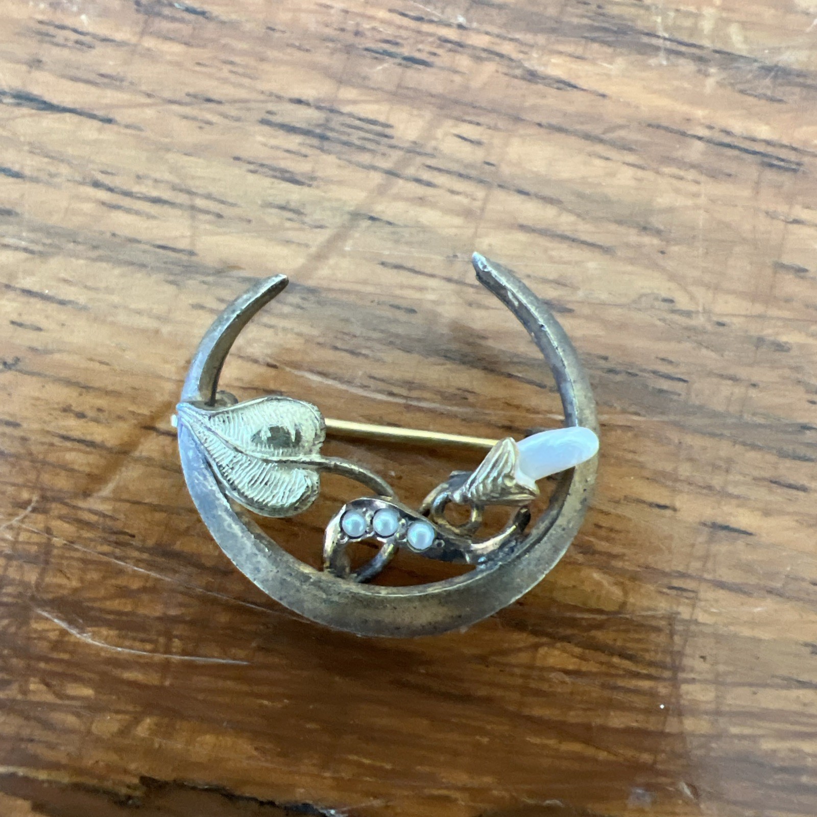 Antique Edwardian Crescent Moon Seed Pearl Pin Pendant Gold Filled