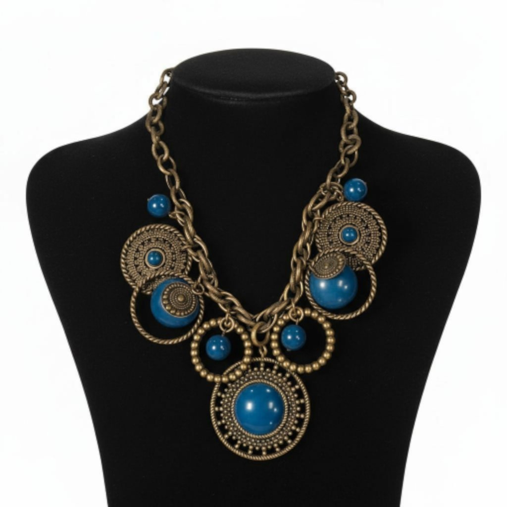 Antique PILGRIM Brass Blue Cabochon Bohemian Y2K Vintage Necklace