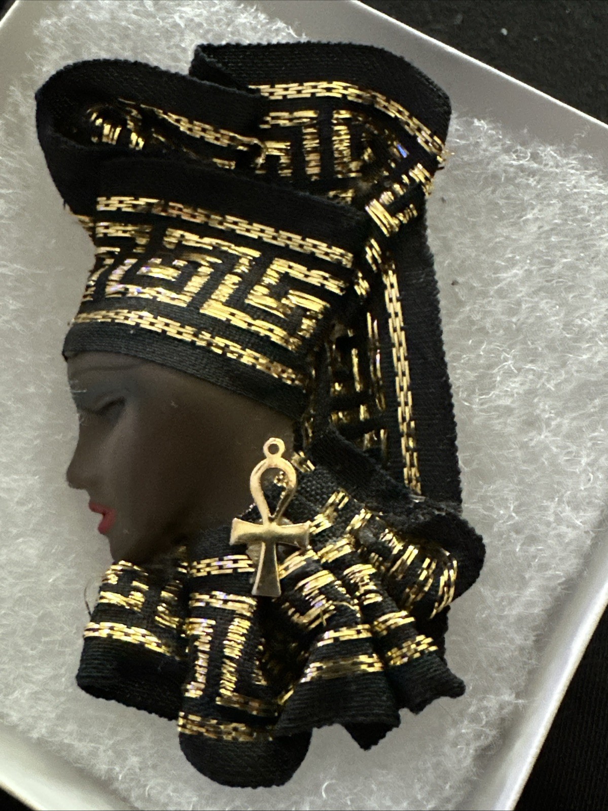 Vintage Signed Jaretta African American Lady Brooch Pin Black Gold Gele Headwrap