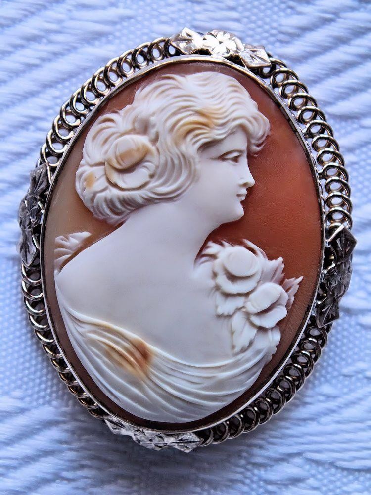 ESTATE VINTAGE 12K GOLD FILLED FANCY FILIGREE SETTING SHELL CAMEO BROOCH *FLORA*