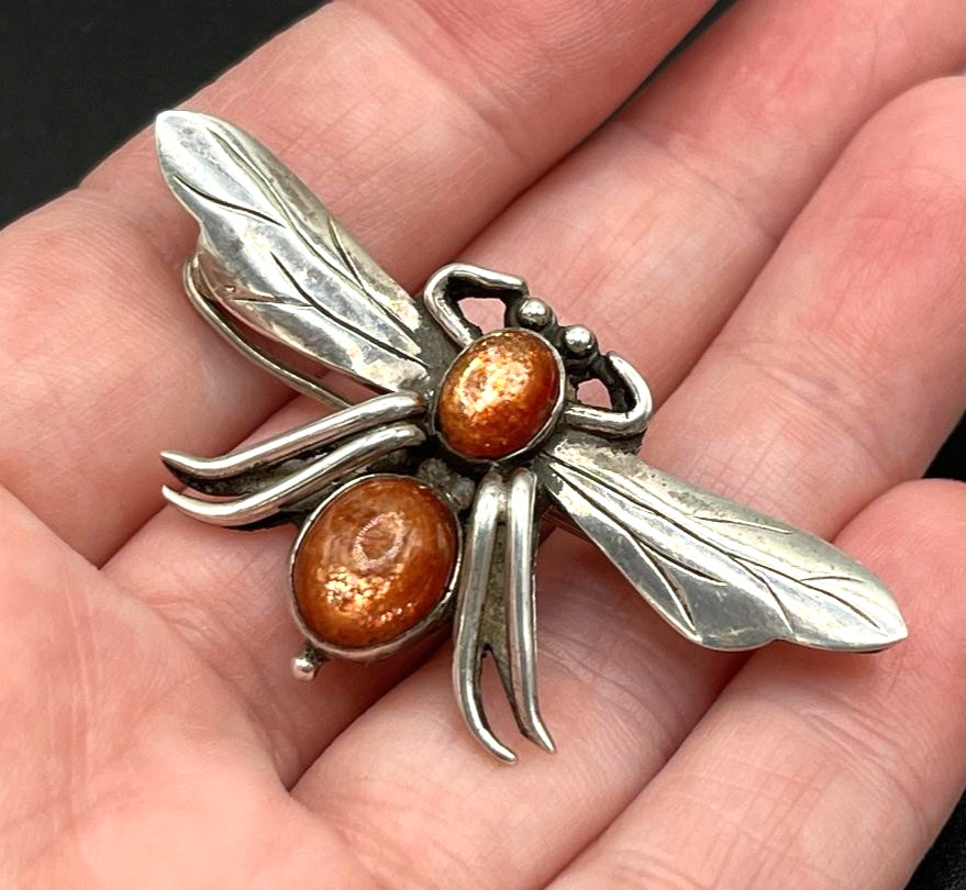 Vintage 925 Sterling Silver Orange Sunstone Fly Bug Insect Brooch Pin Figural 3D