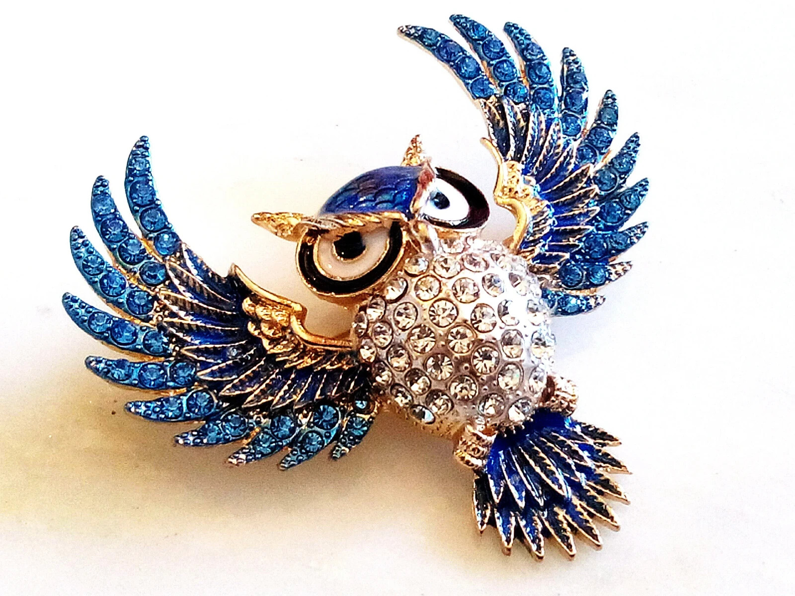 RHINESTONE OWL BROOCH! Enameled Wise Bird Pendant/Pin. Deep Blue Crystals.